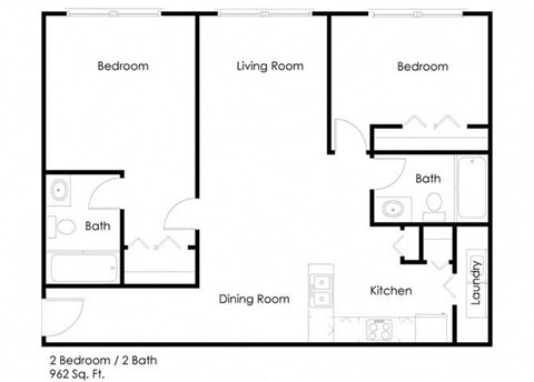 Floor plan for 2 beds, 2 baths, 962 sqft